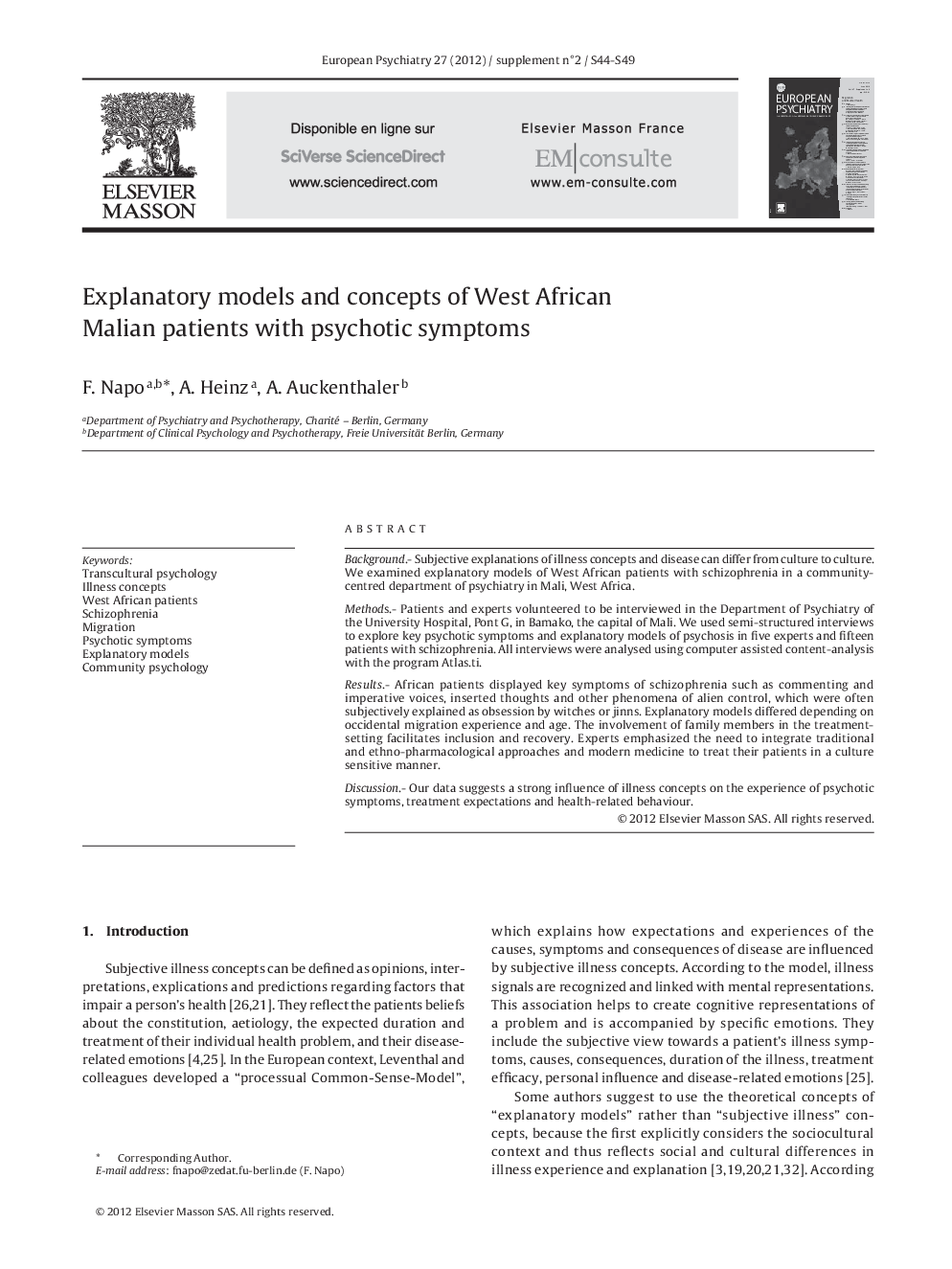 Explanatory models and concepts of West African Malian patients with psychotic symptoms