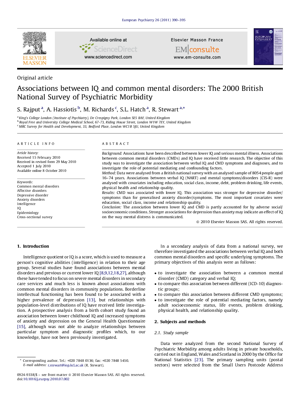 Associations between IQ and common mental disorders: The 2000 British National Survey of Psychiatric Morbidity