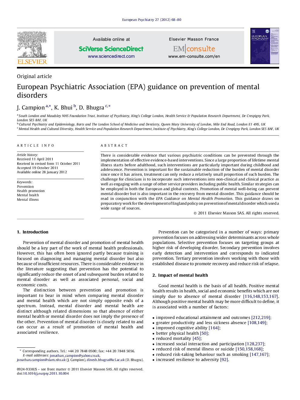 European Psychiatric Association (EPA) guidance on prevention of mental disorders