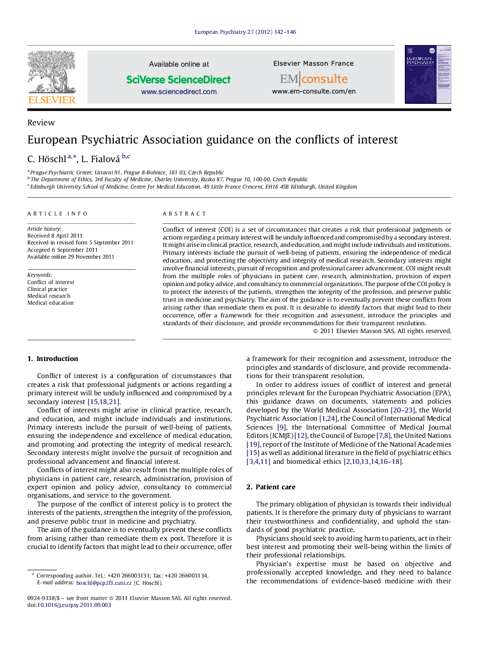 European Psychiatric Association guidance on the conflicts of interest