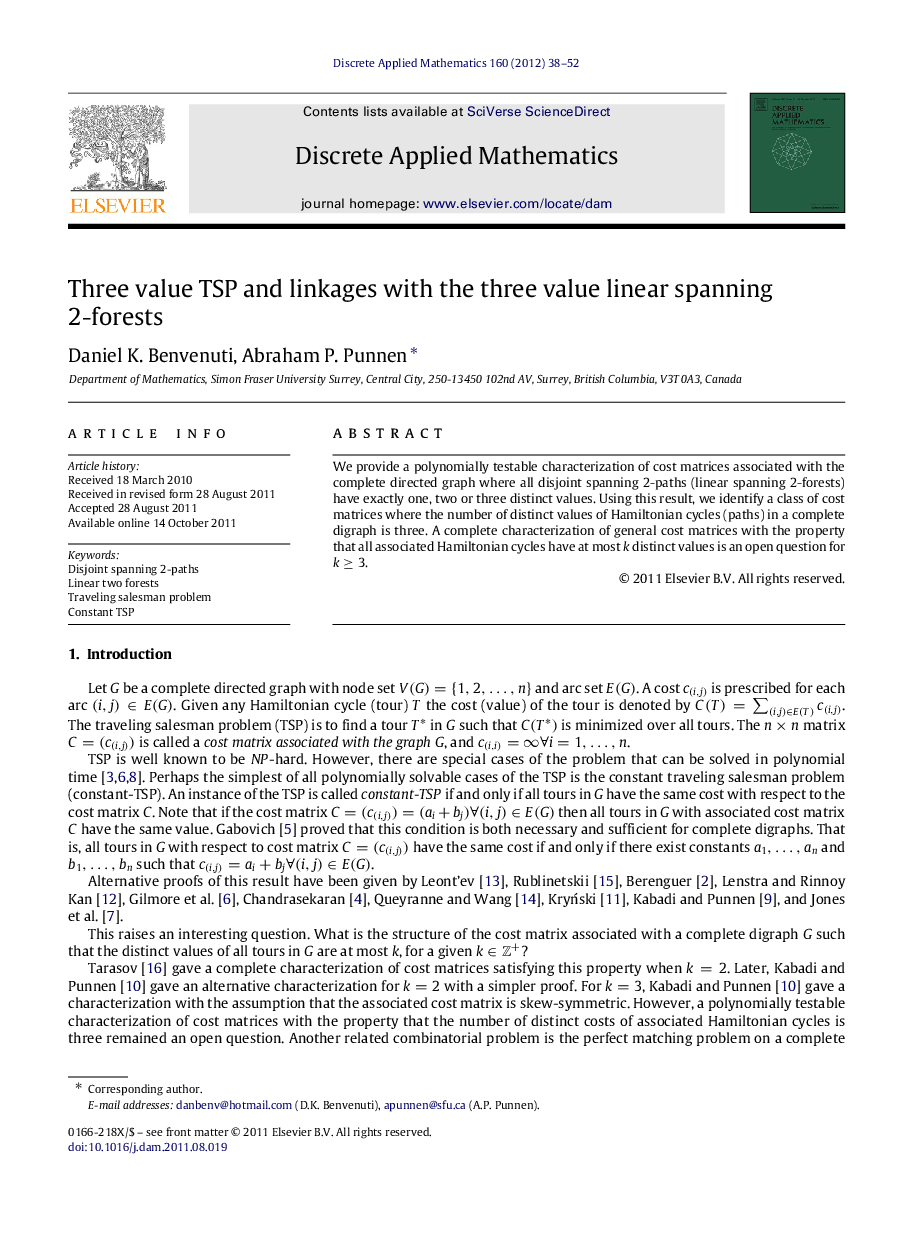 Three value TSP and linkages with the three value linear spanning 2-forests