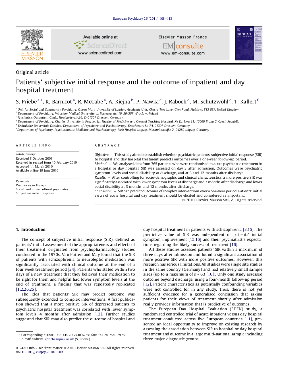 Patients’ subjective initial response and the outcome of inpatient and day hospital treatment