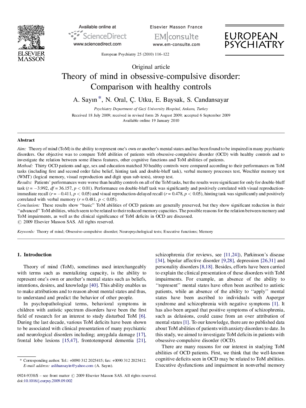 Theory of mind in obsessive-compulsive disorder: Comparison with healthy controls