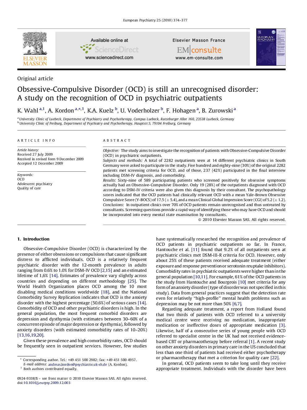 Obsessive-Compulsive Disorder (OCD) is still an unrecognised disorder: A study on the recognition of OCD in psychiatric outpatients