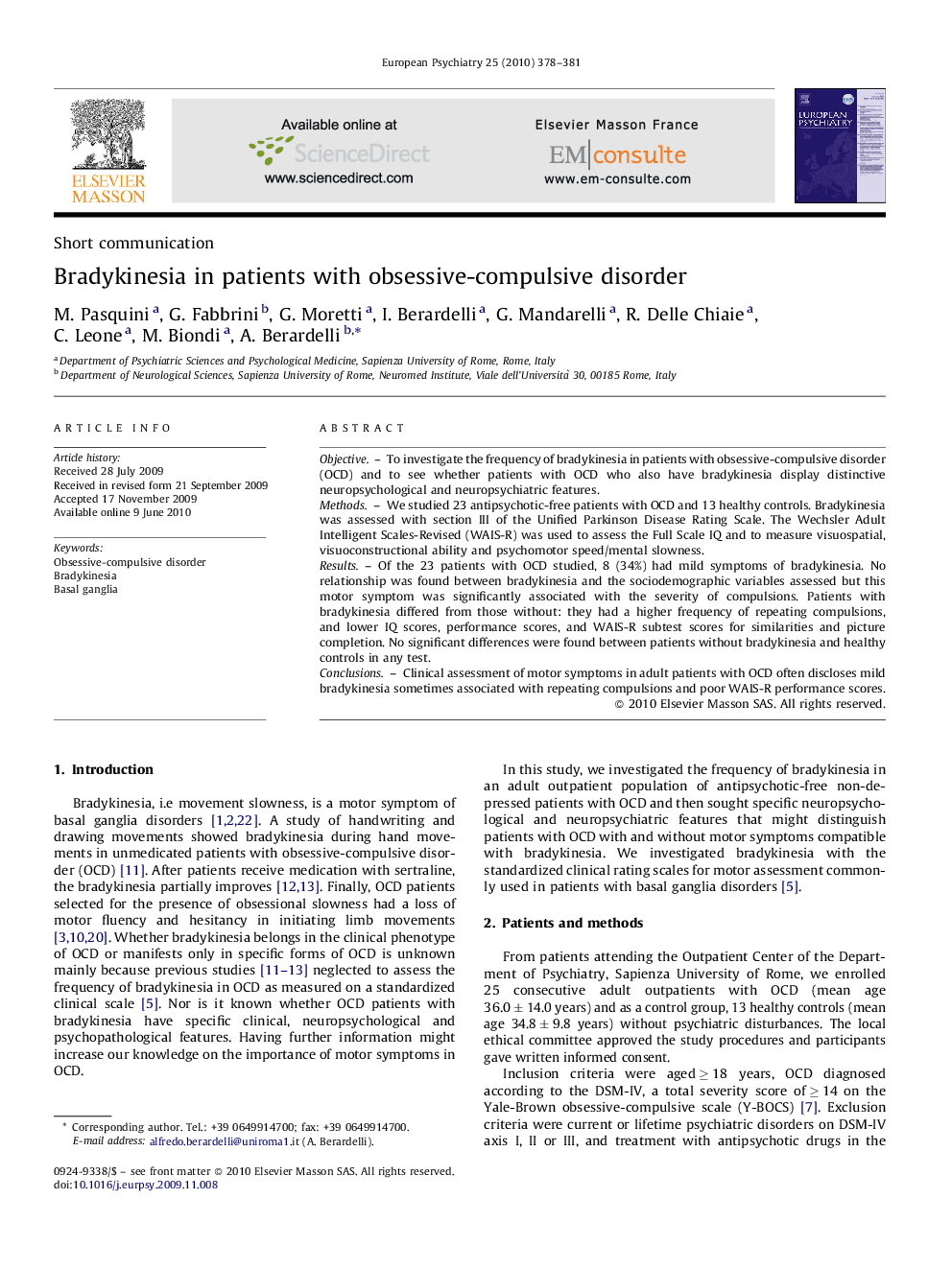 Bradykinesia in patients with obsessive-compulsive disorder