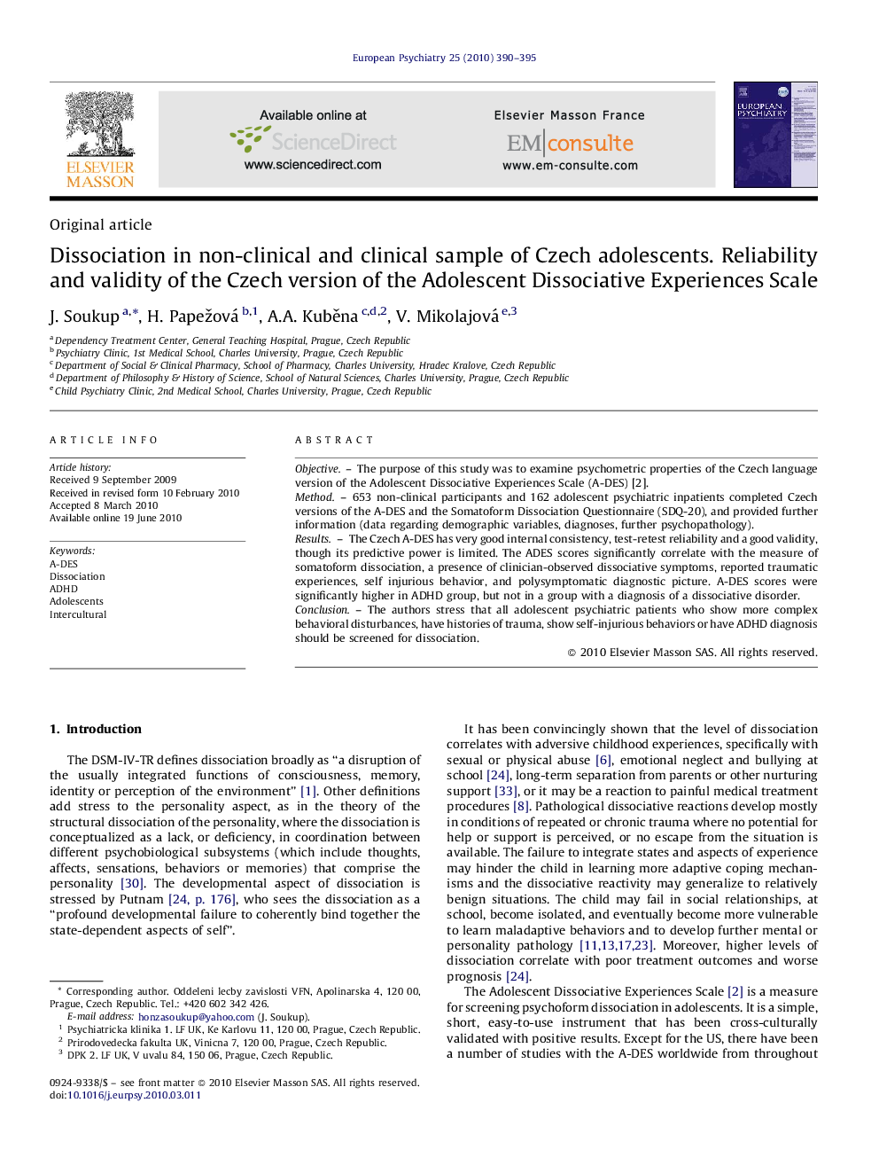 Dissociation in non-clinical and clinical sample of Czech adolescents. Reliability and validity of the Czech version of the Adolescent Dissociative Experiences Scale