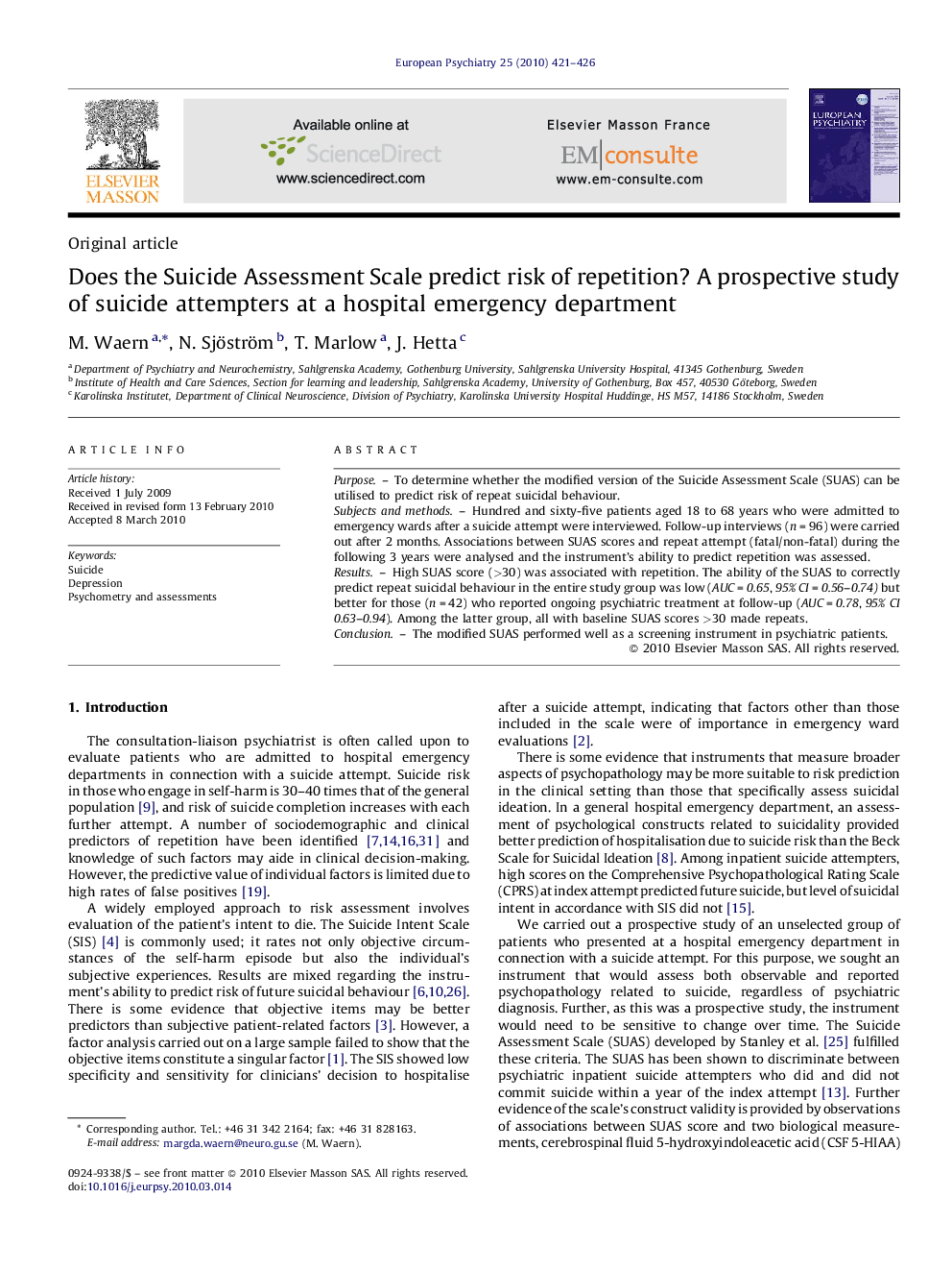 Does the Suicide Assessment Scale predict risk of repetition? A prospective study of suicide attempters at a hospital emergency department