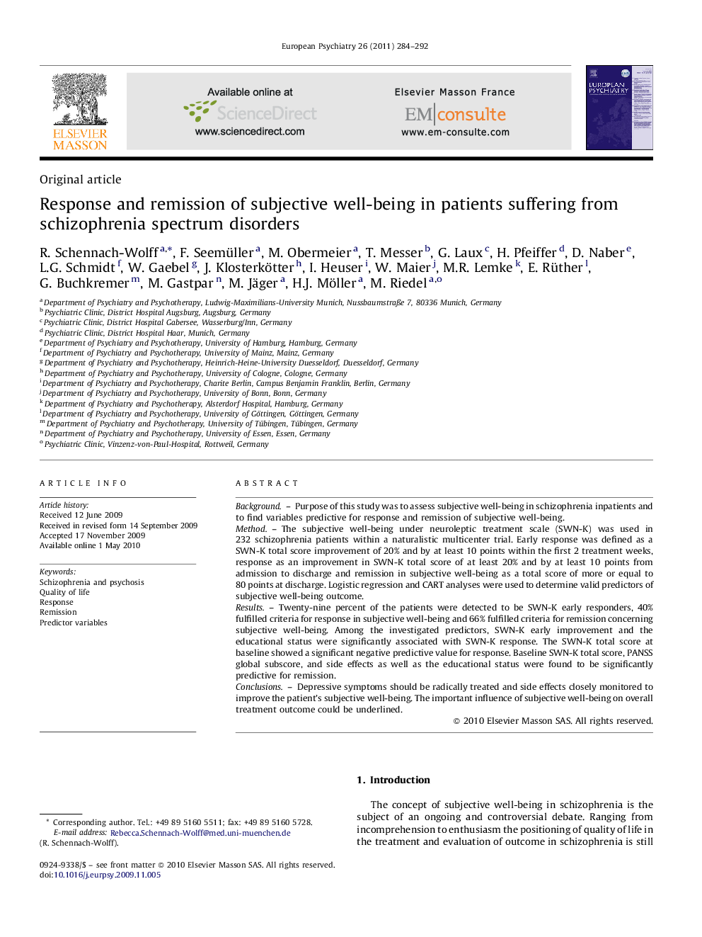 Response and remission of subjective well-being in patients suffering from schizophrenia spectrum disorders