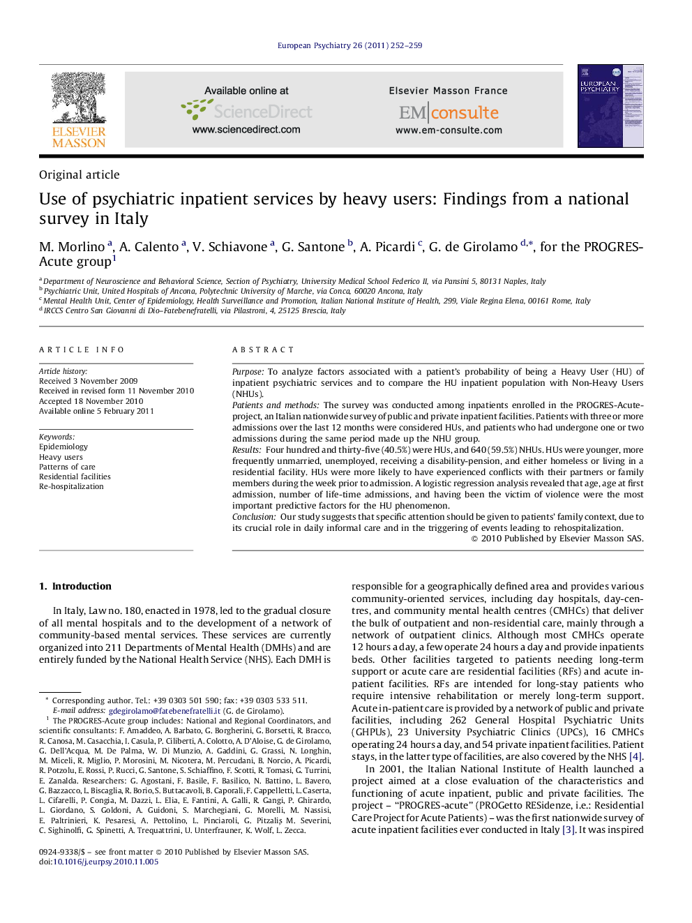 Use of psychiatric inpatient services by heavy users: Findings from a national survey in Italy