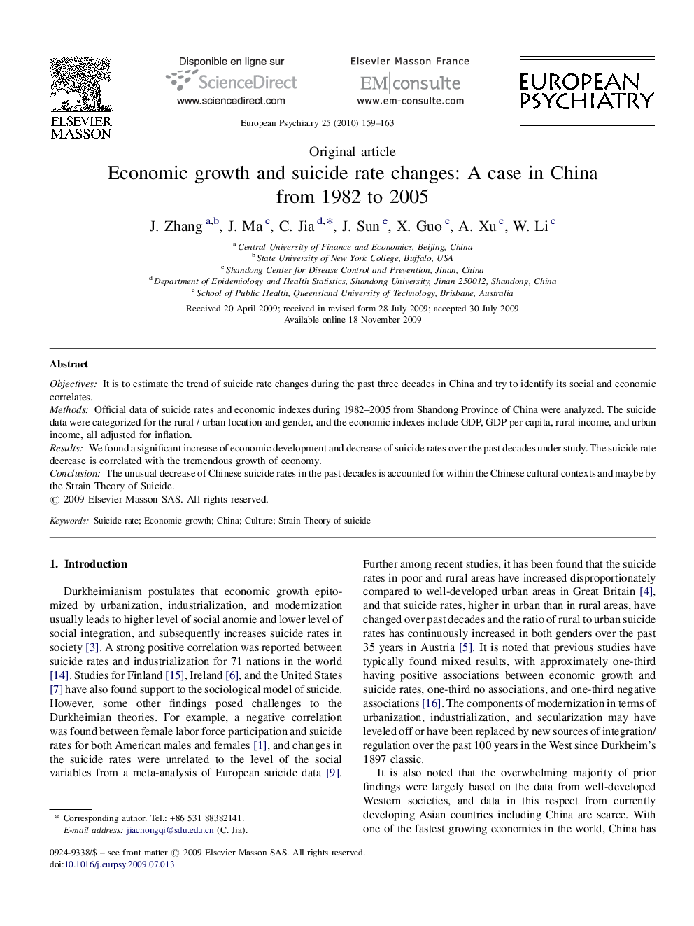 Economic growth and suicide rate changes: A case in China from 1982 to 2005