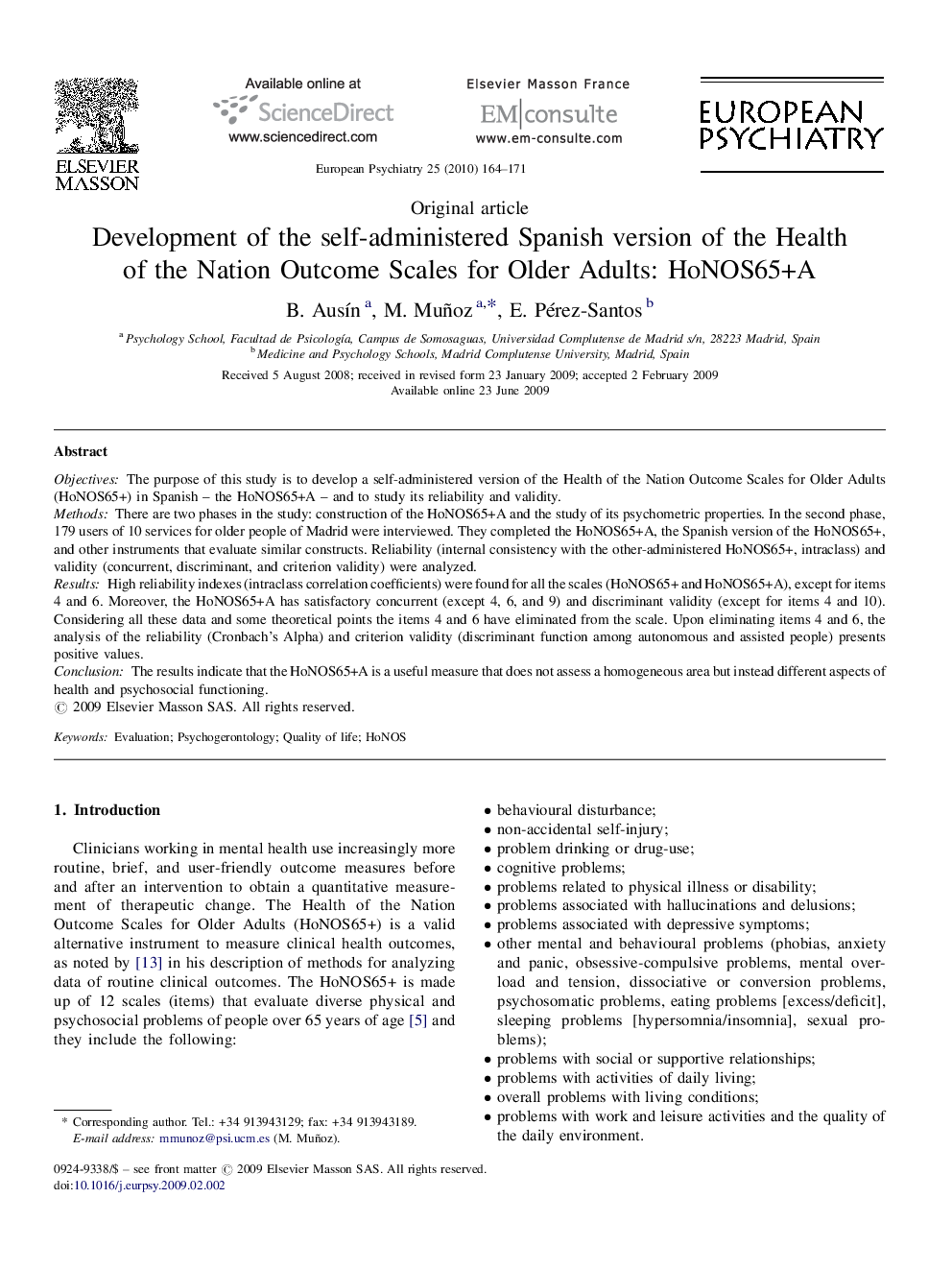 Development of the self-administered Spanish version of the Health of the Nation Outcome Scales for Older Adults: HoNOS65+A