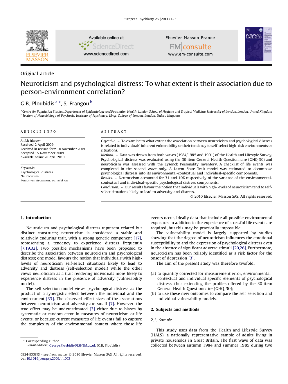 Neuroticism and psychological distress: To what extent is their association due to person-environment correlation?