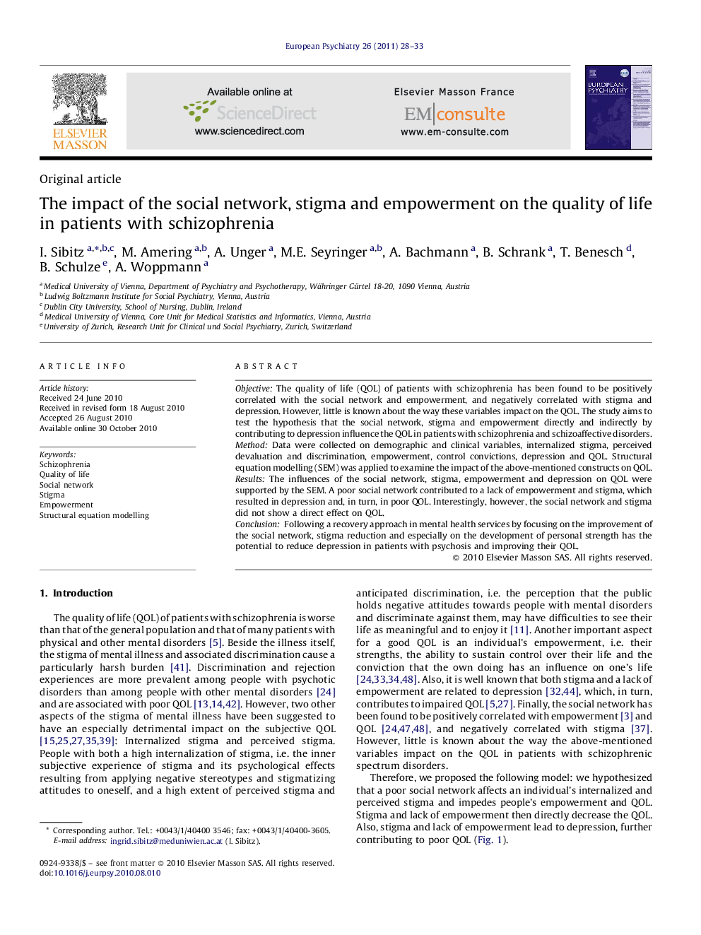 The impact of the social network, stigma and empowerment on the quality of life in patients with schizophrenia