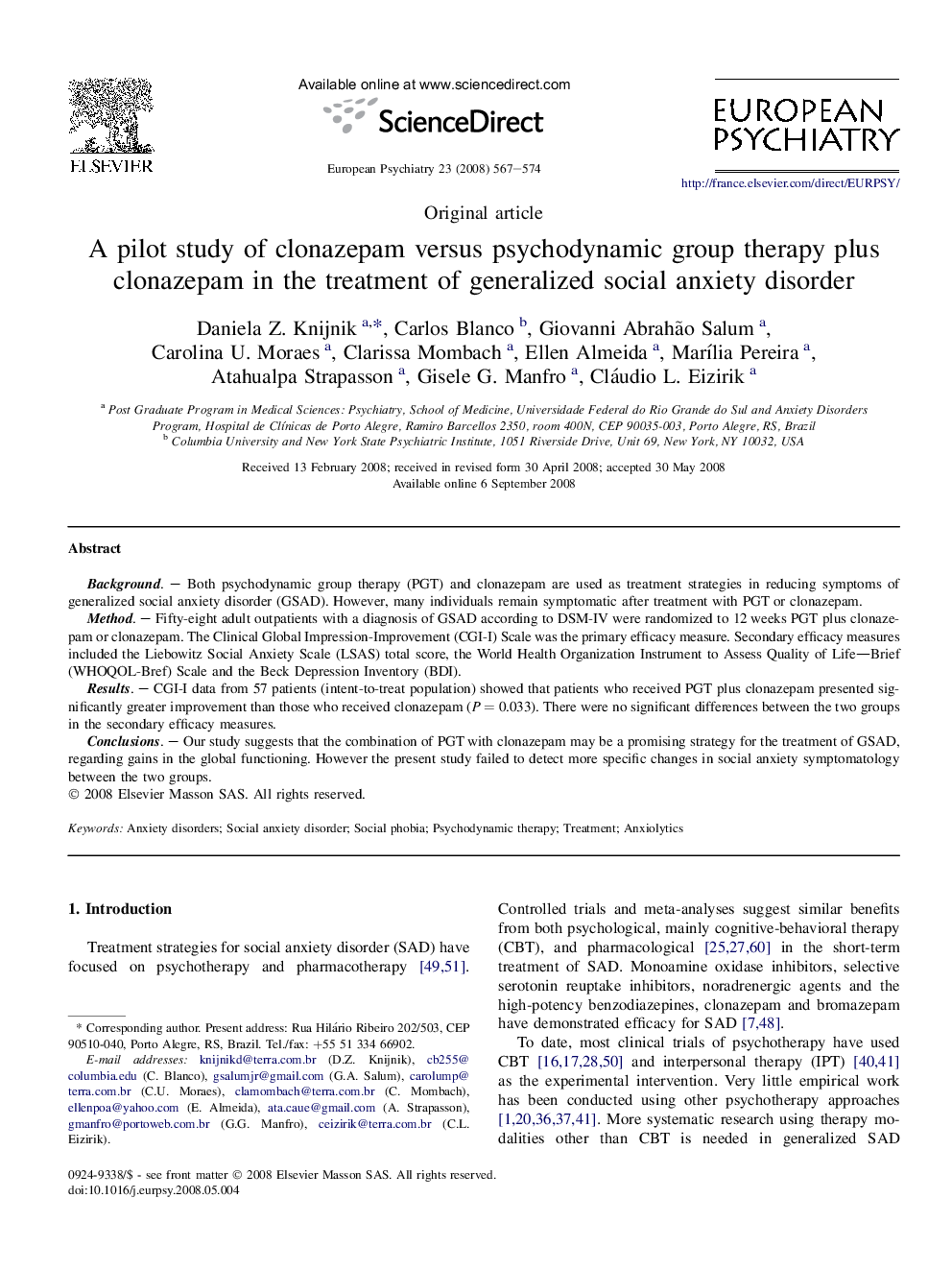 A pilot study of clonazepam versus psychodynamic group therapy plus clonazepam in the treatment of generalized social anxiety disorder