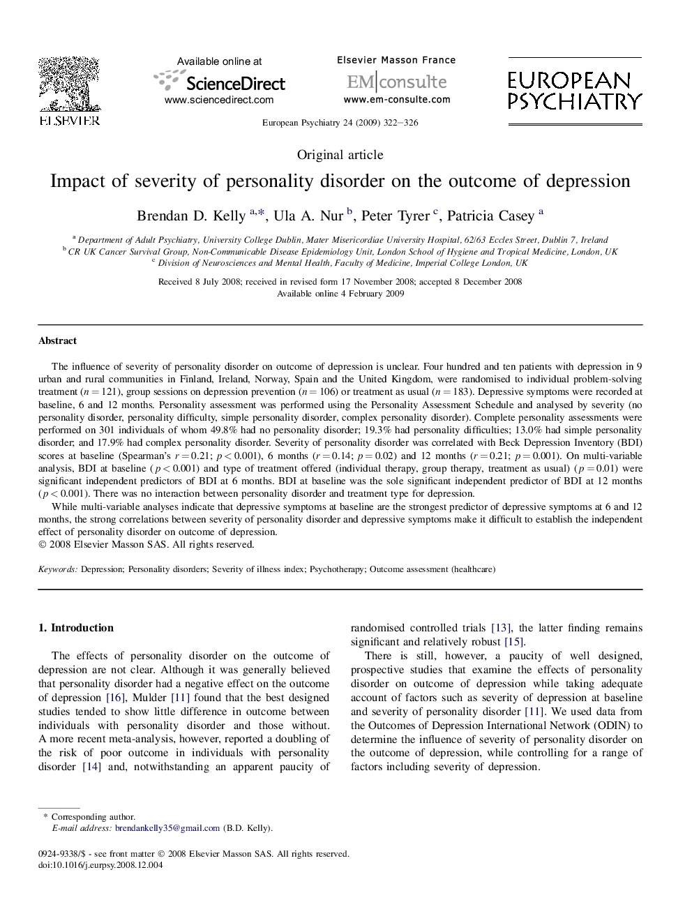 Impact of severity of personality disorder on the outcome of depression