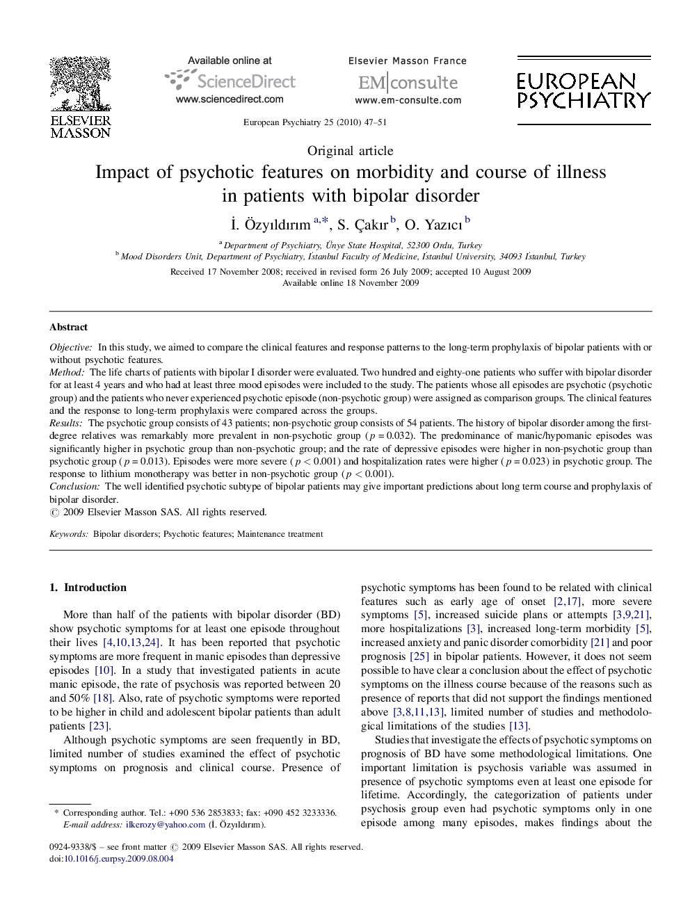 Impact of psychotic features on morbidity and course of illness in patients with bipolar disorder