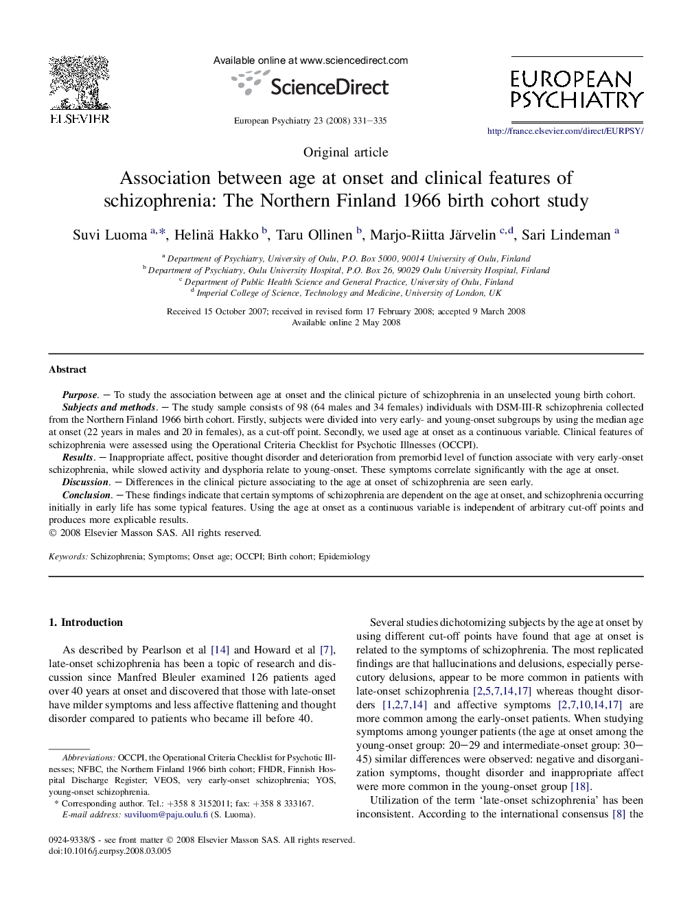 Association between age at onset and clinical features of schizophrenia: The Northern Finland 1966 birth cohort study