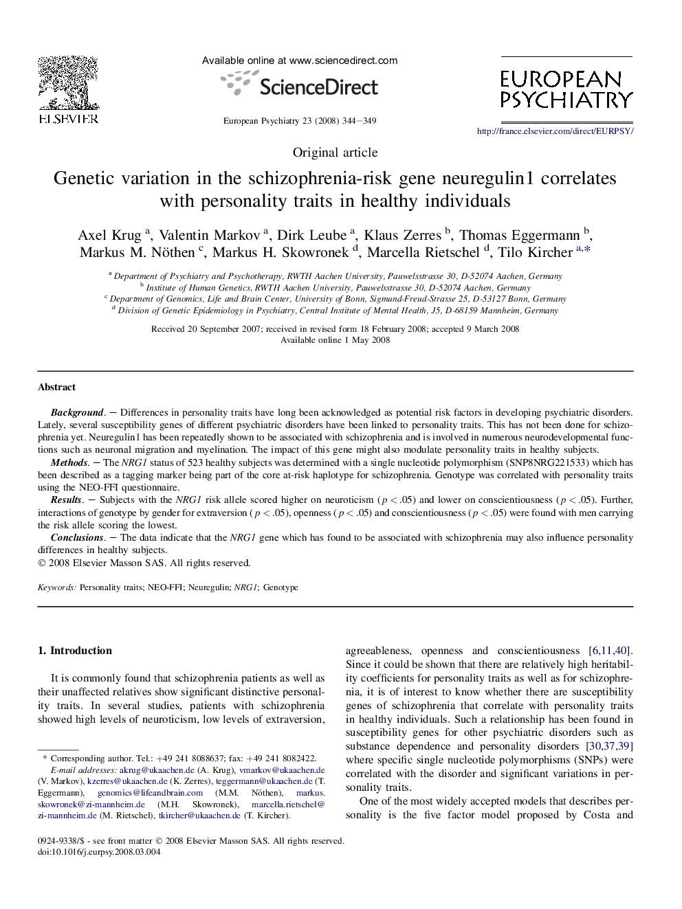 Genetic variation in the schizophrenia-risk gene neuregulin1 correlates with personality traits in healthy individuals