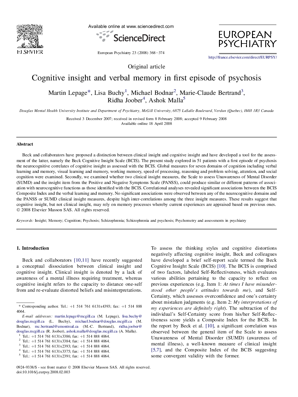 Cognitive insight and verbal memory in first episode of psychosis