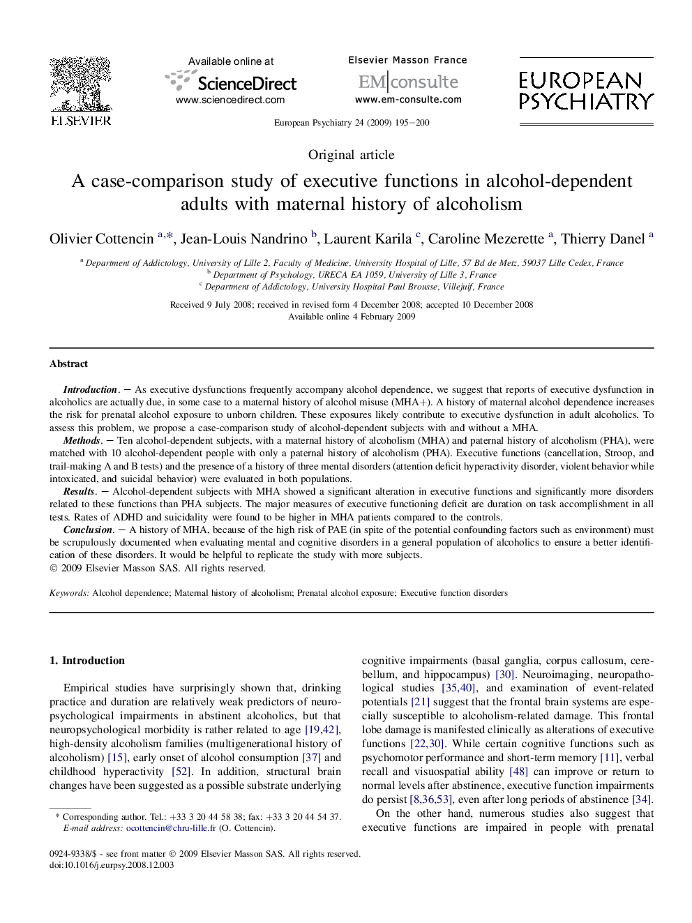 A case-comparison study of executive functions in alcohol-dependent adults with maternal history of alcoholism