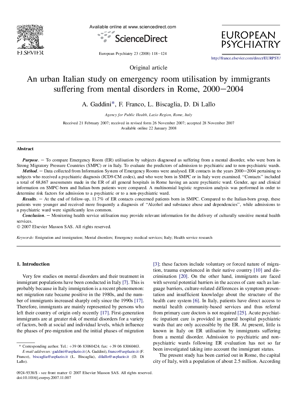 An urban Italian study on emergency room utilisation by immigrants suffering from mental disorders in Rome, 2000–2004