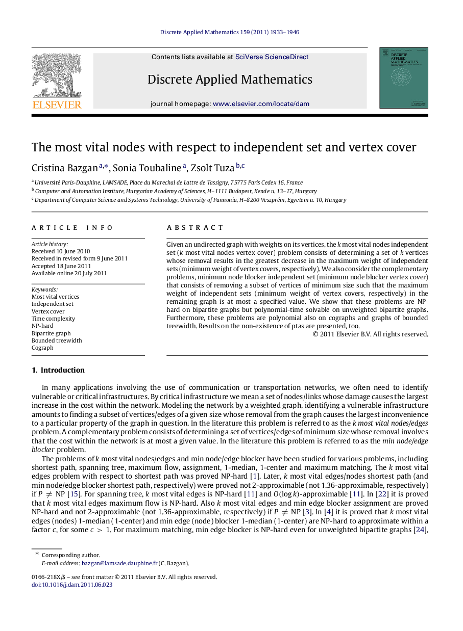 The most vital nodes with respect to independent set and vertex cover