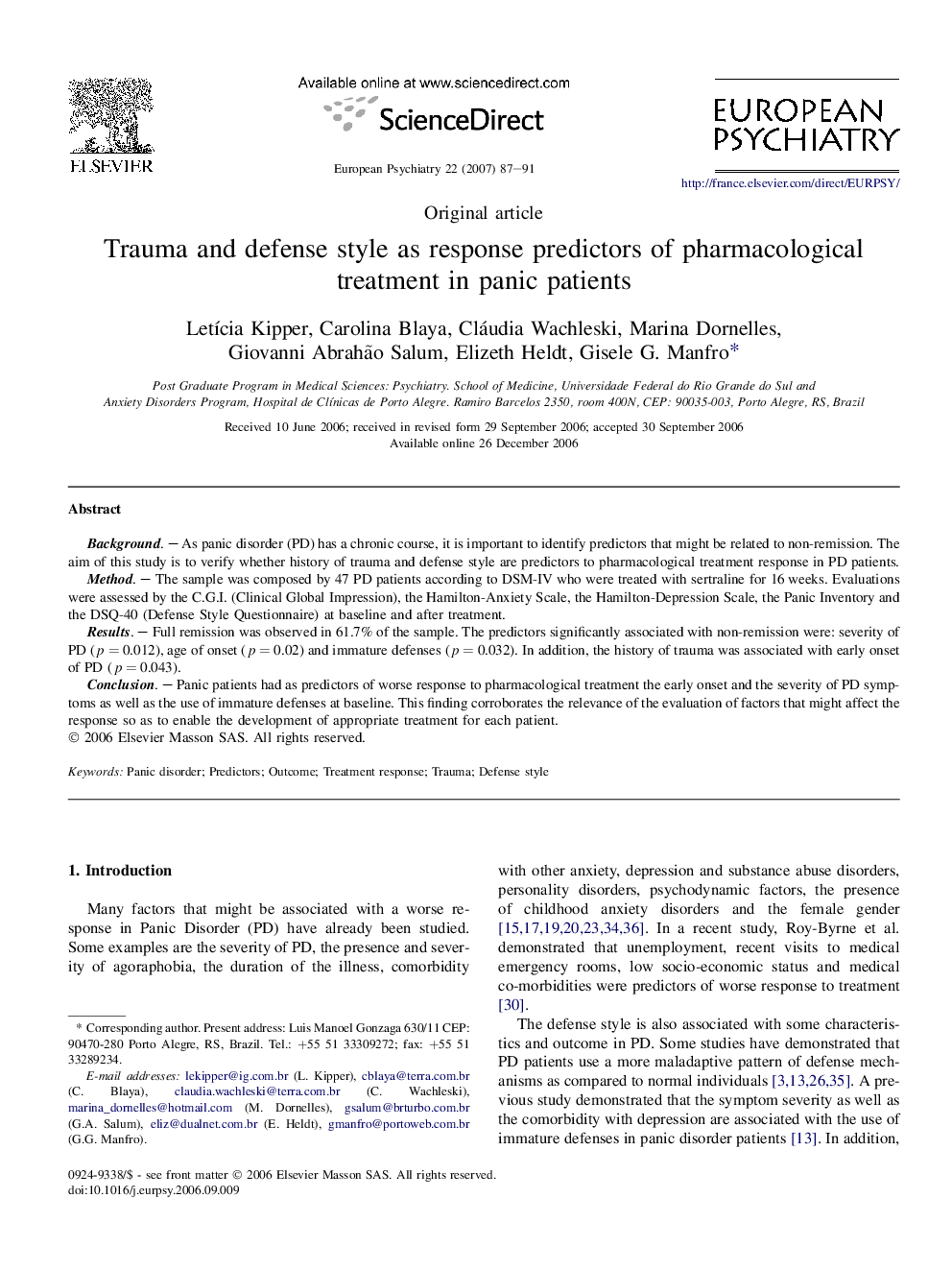 Trauma and defense style as response predictors of pharmacological treatment in panic patients