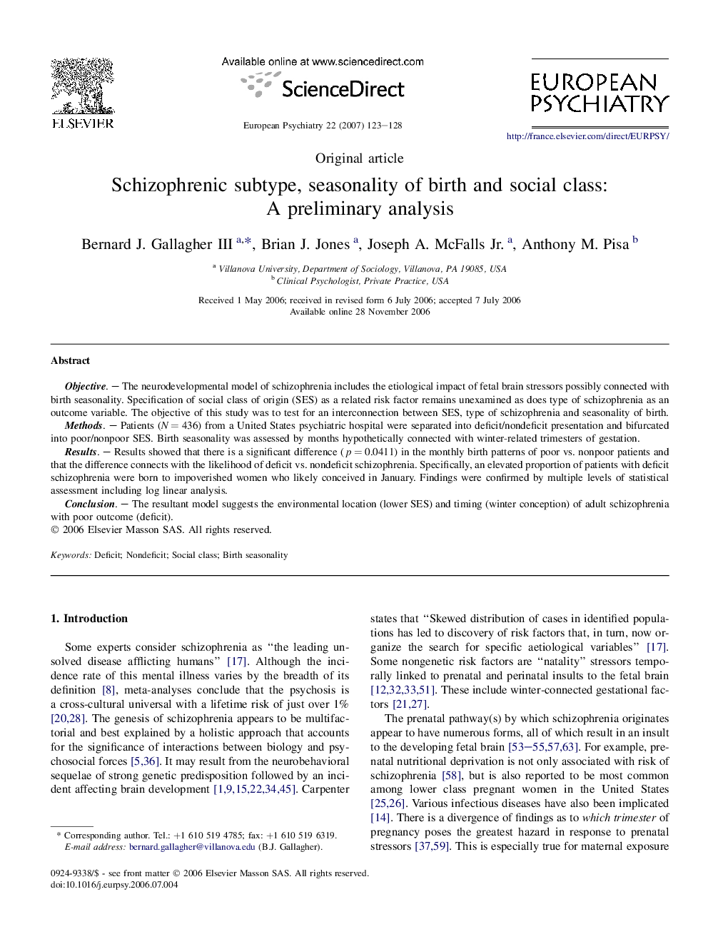 Schizophrenic subtype, seasonality of birth and social class: A preliminary analysis