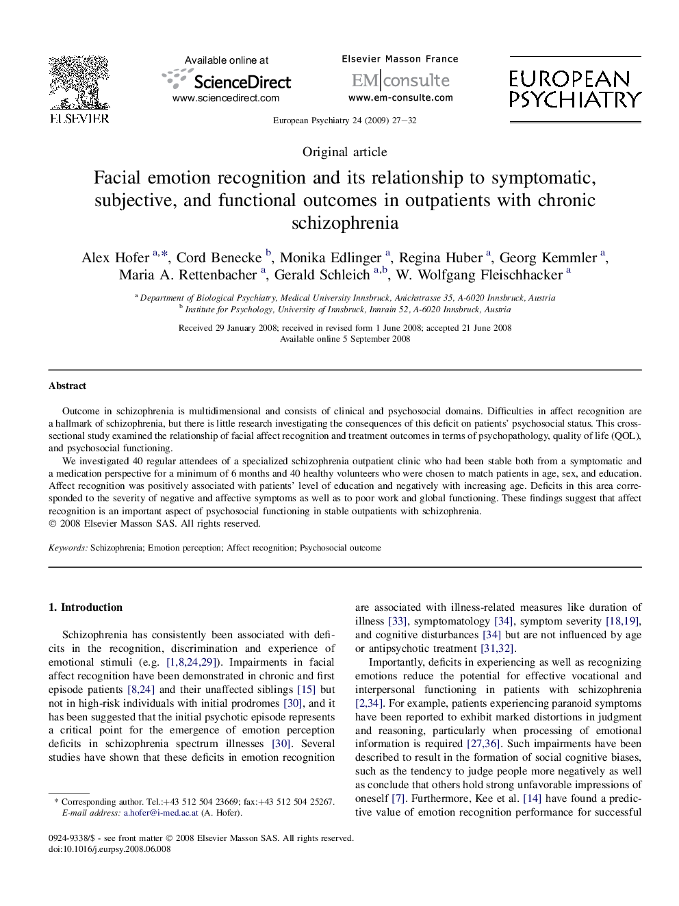 Facial emotion recognition and its relationship to symptomatic, subjective, and functional outcomes in outpatients with chronic schizophrenia