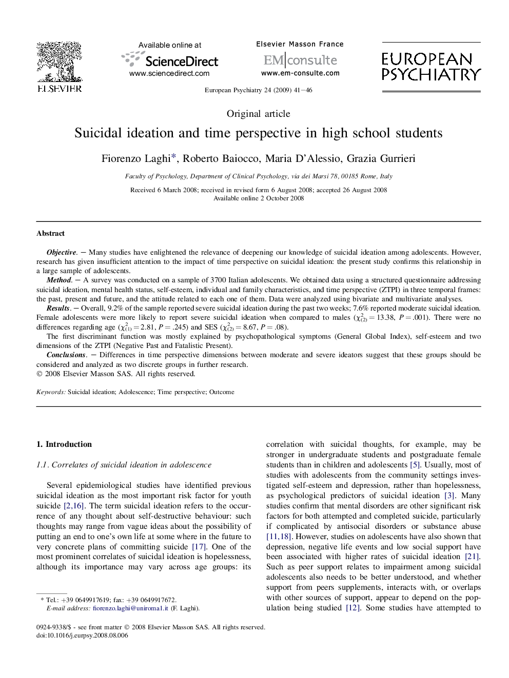 Suicidal ideation and time perspective in high school students