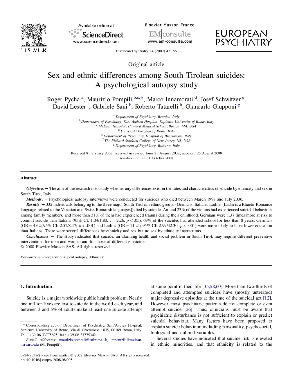 Sex and ethnic differences among South Tirolean suicides: A psychological autopsy study