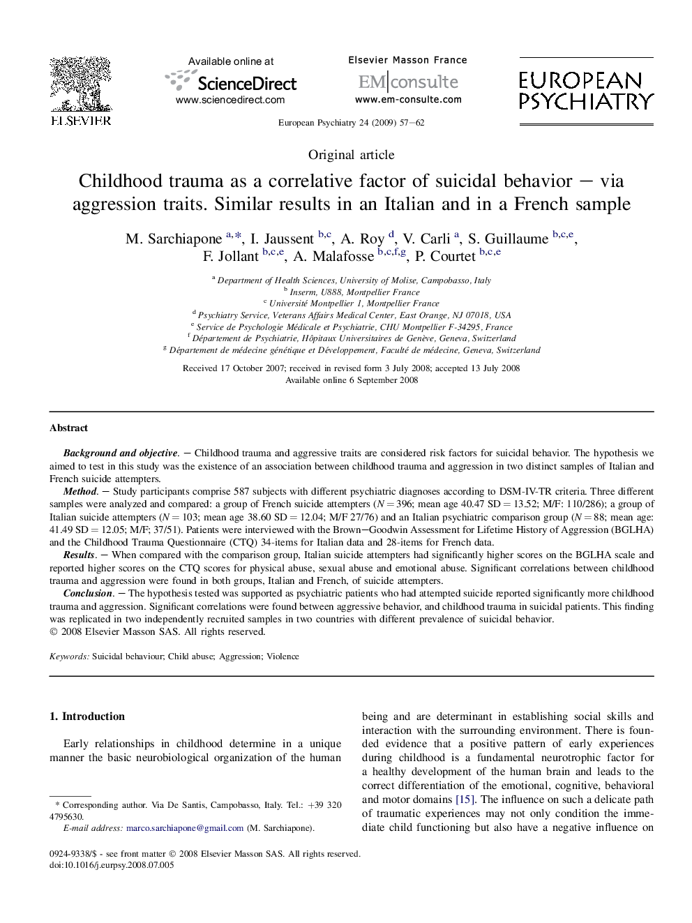 Childhood trauma as a correlative factor of suicidal behavior – via aggression traits. Similar results in an Italian and in a French sample