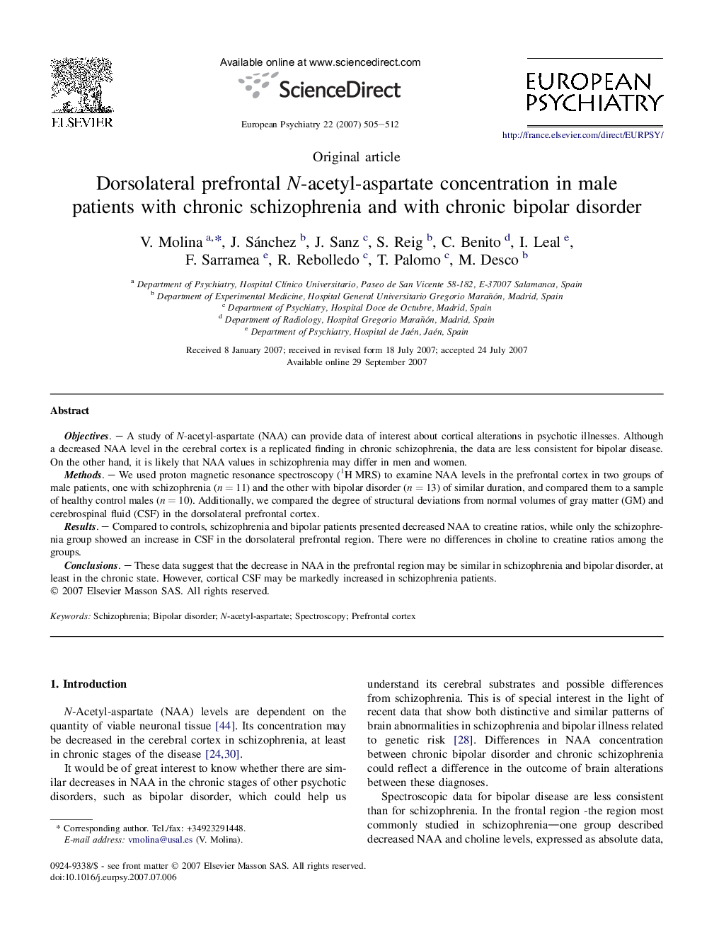 Dorsolateral prefrontal N-acetyl-aspartate concentration in male patients with chronic schizophrenia and with chronic bipolar disorder