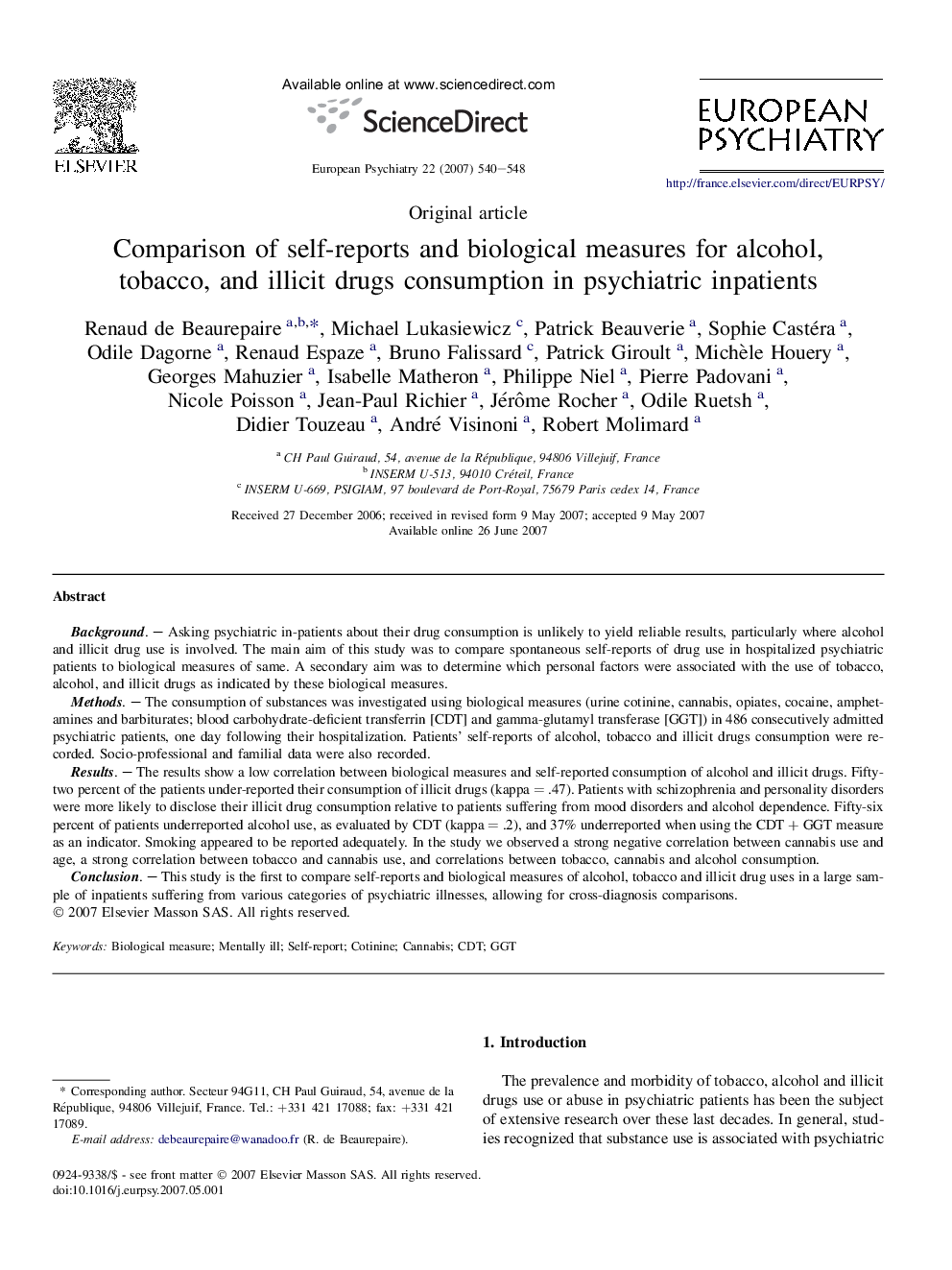 Comparison of self-reports and biological measures for alcohol, tobacco, and illicit drugs consumption in psychiatric inpatients