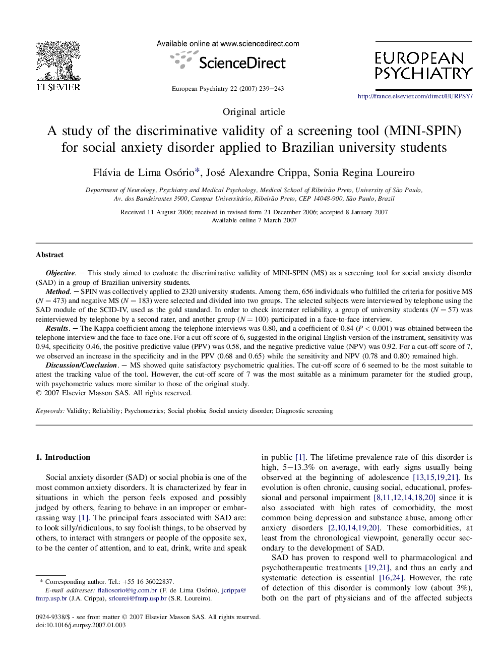 A study of the discriminative validity of a screening tool (MINI-SPIN) for social anxiety disorder applied to Brazilian university students