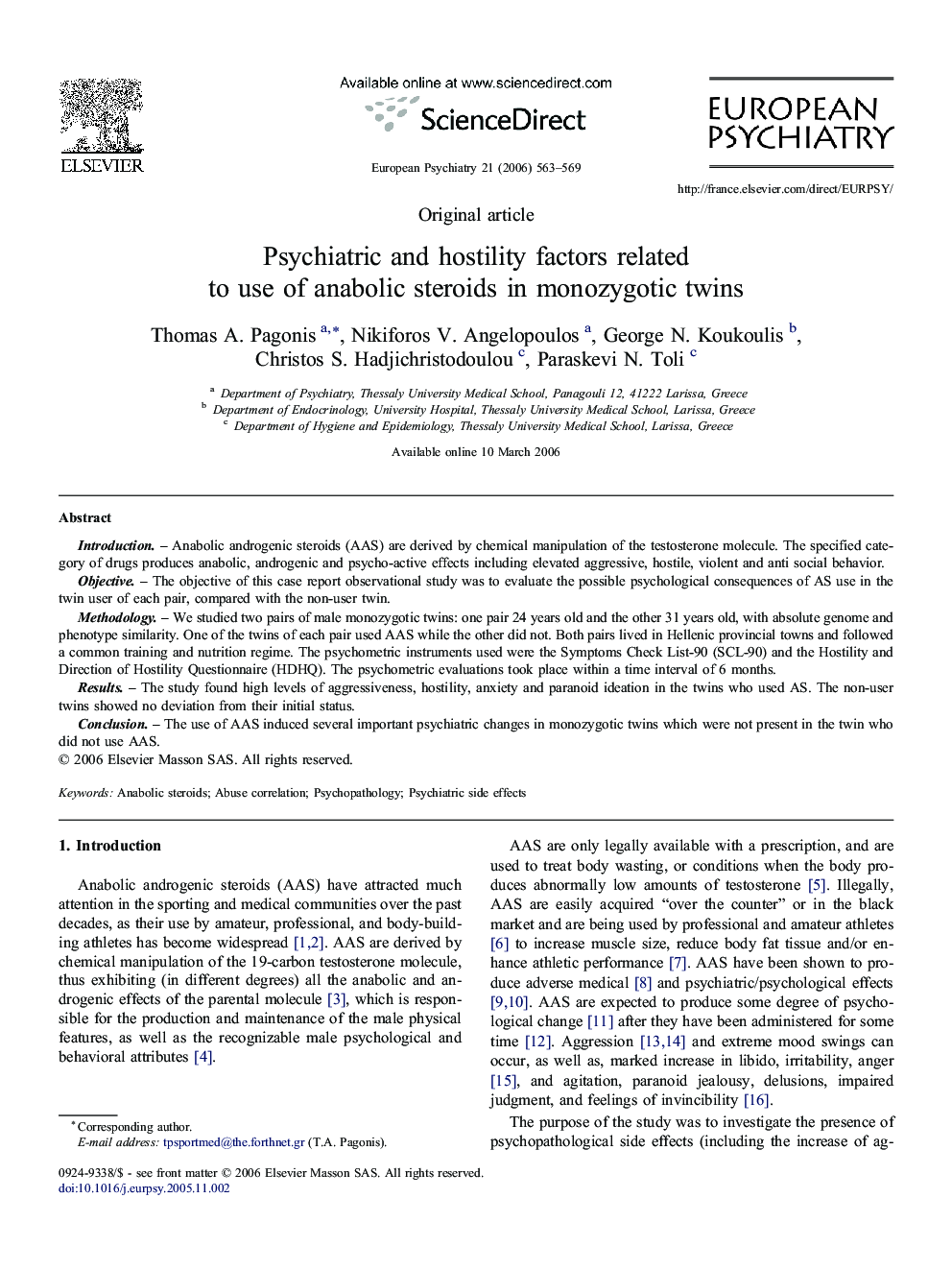 Psychiatric and hostility factors related to use of anabolic steroids in monozygotic twins