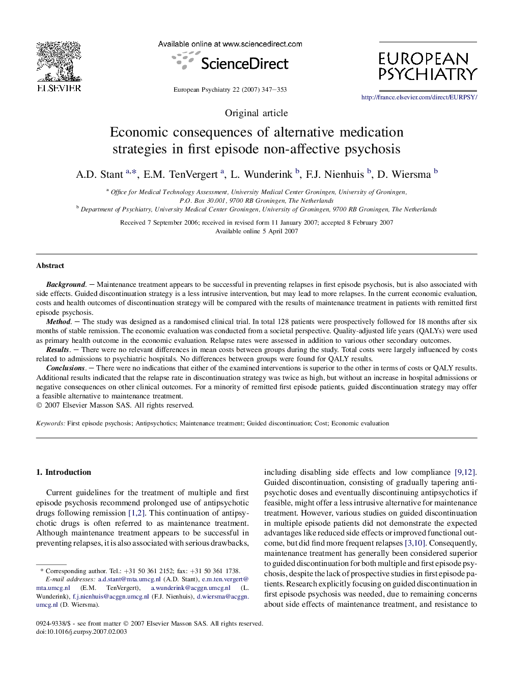 Economic consequences of alternative medication strategies in first episode non-affective psychosis