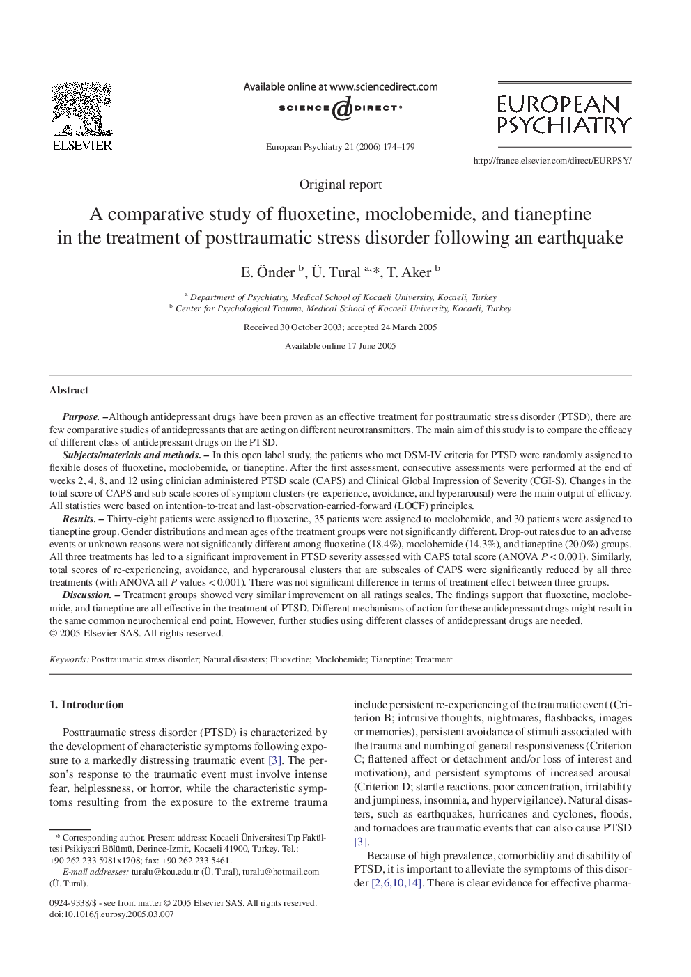 A comparative study of fluoxetine, moclobemide, and tianeptine in the treatment of posttraumatic stress disorder following an earthquake