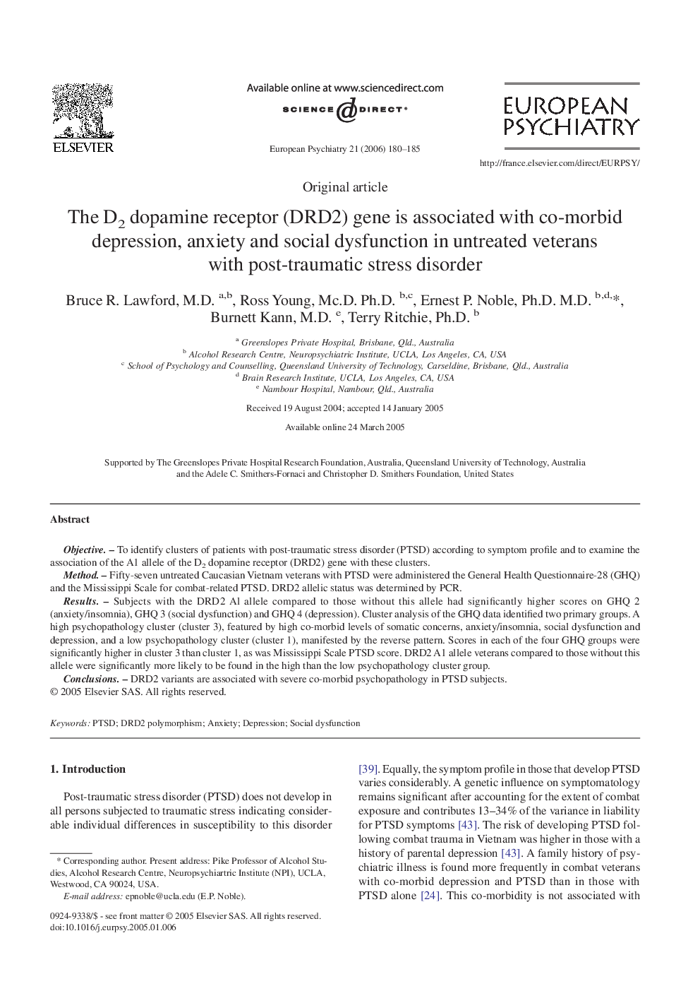 The D2 dopamine receptor (DRD2) gene is associated with co-morbid depression, anxiety and social dysfunction in untreated veterans with post-traumatic stress disorder