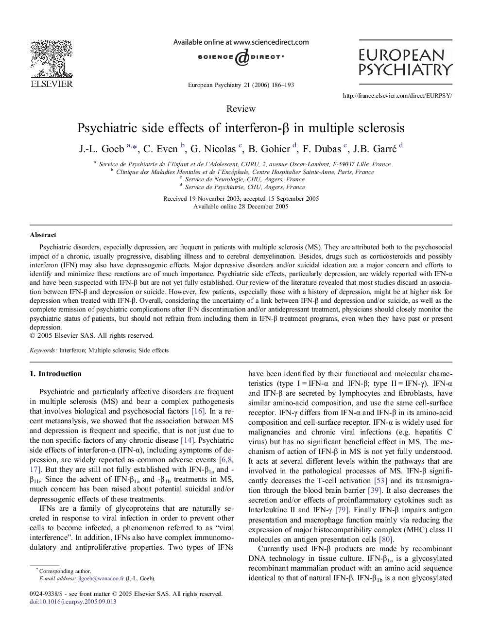 Psychiatric side effects of interferon-β in multiple sclerosis