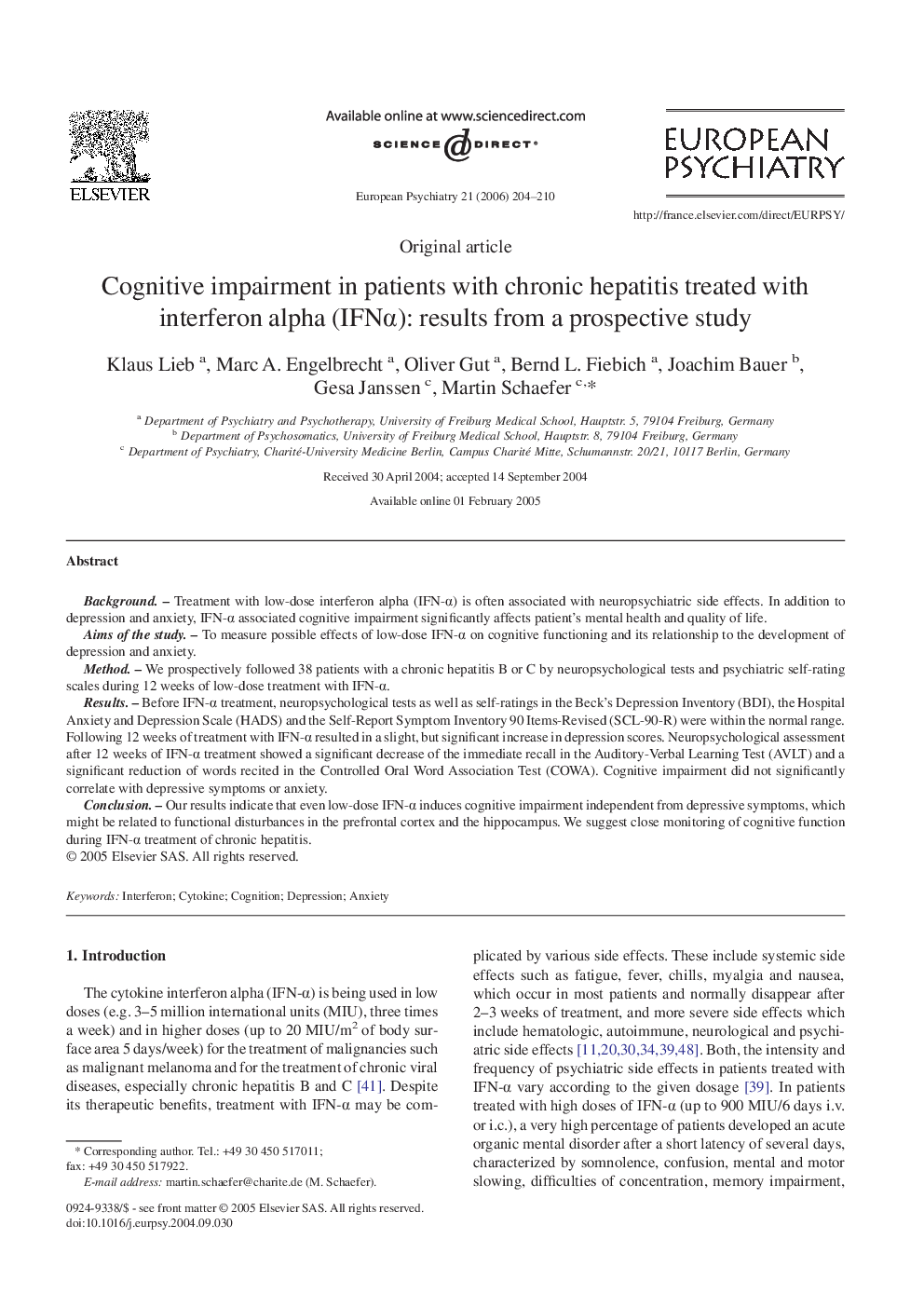 Cognitive impairment in patients with chronic hepatitis treated with interferon alpha (IFNÎ±): results from a prospective study