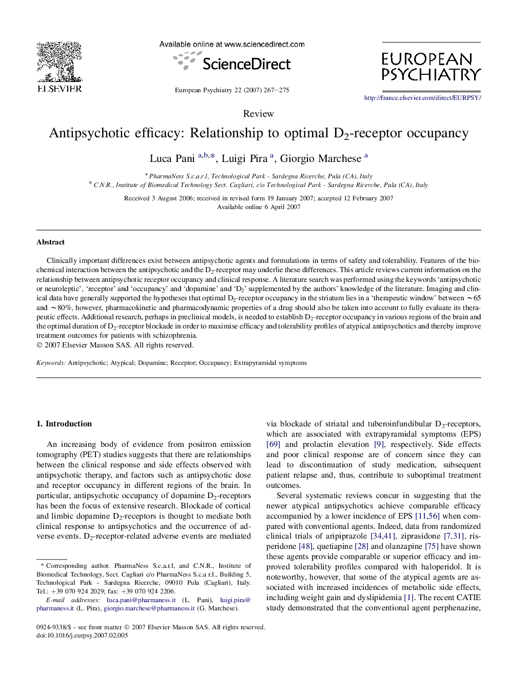 Antipsychotic efficacy: Relationship to optimal D2-receptor occupancy