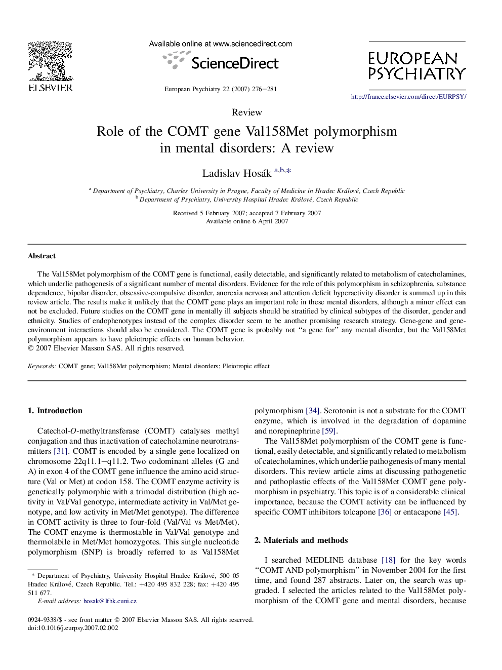 Role of the COMT gene Val158Met polymorphism in mental disorders: A review