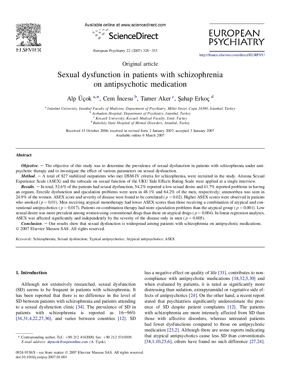 Sexual dysfunction in patients with schizophrenia on antipsychotic medication