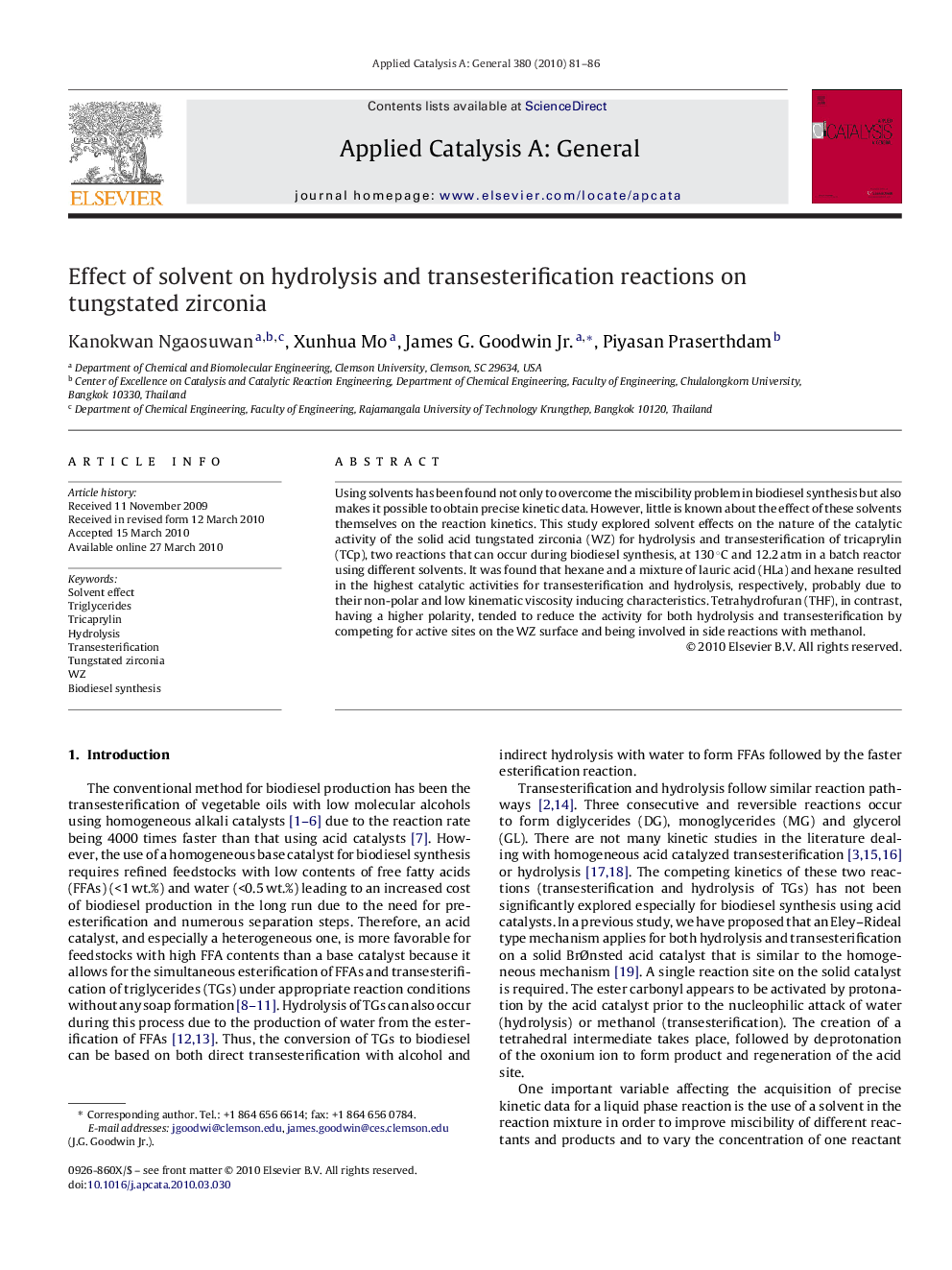 Effect of solvent on hydrolysis and transesterification reactions on tungstated zirconia