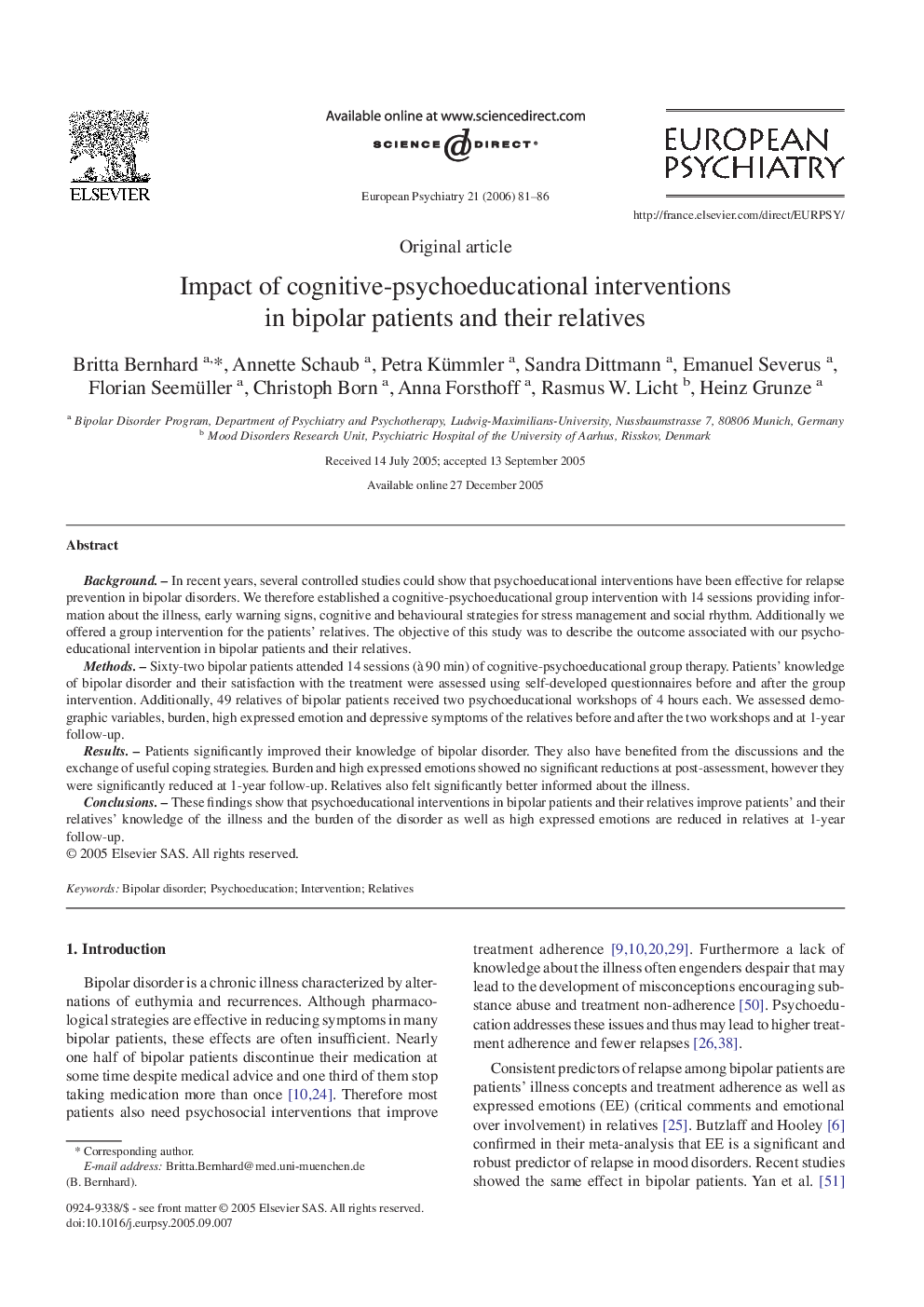 Impact of cognitive-psychoeducational interventions in bipolar patients and their relatives