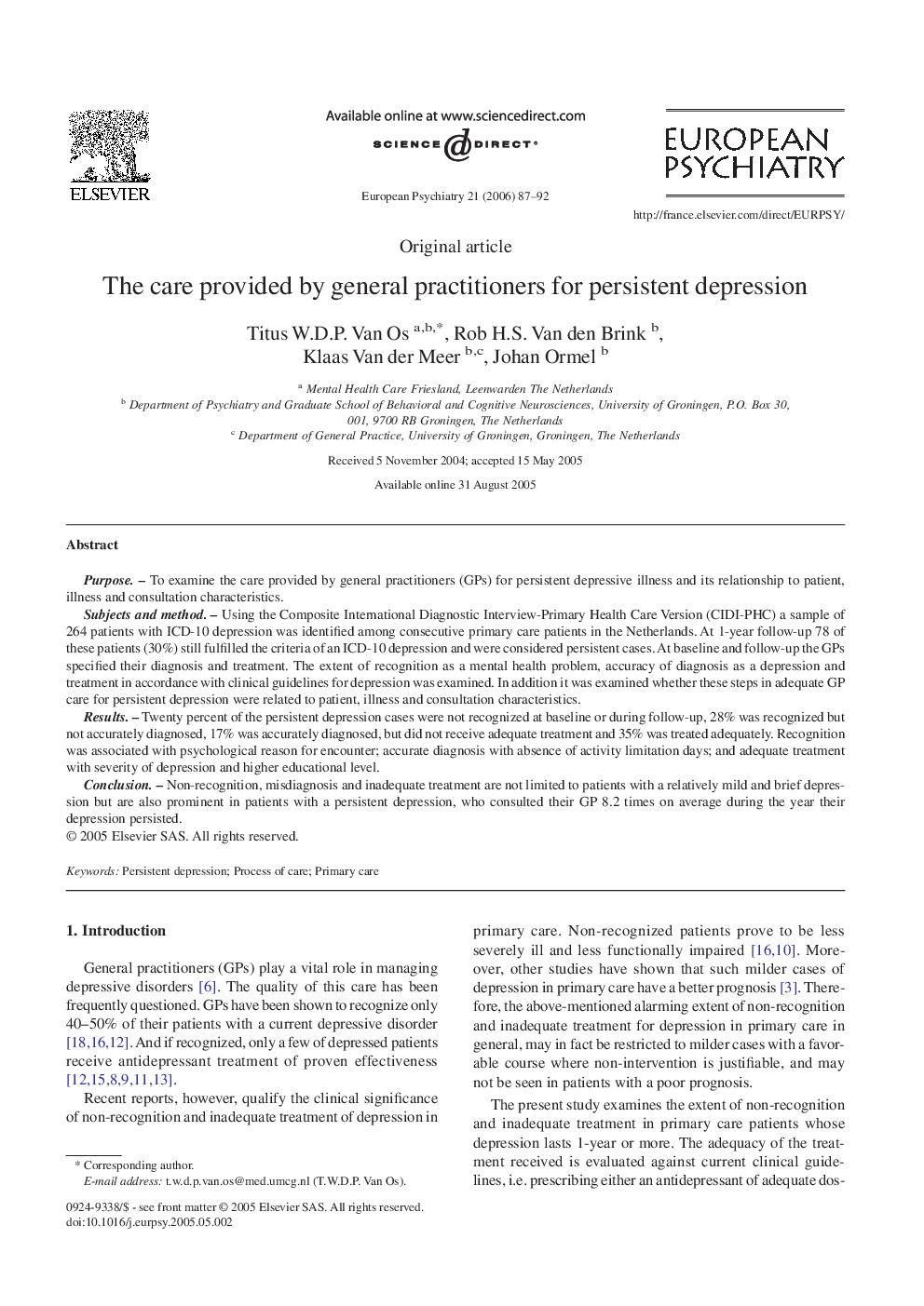 The care provided by general practitioners for persistent depression