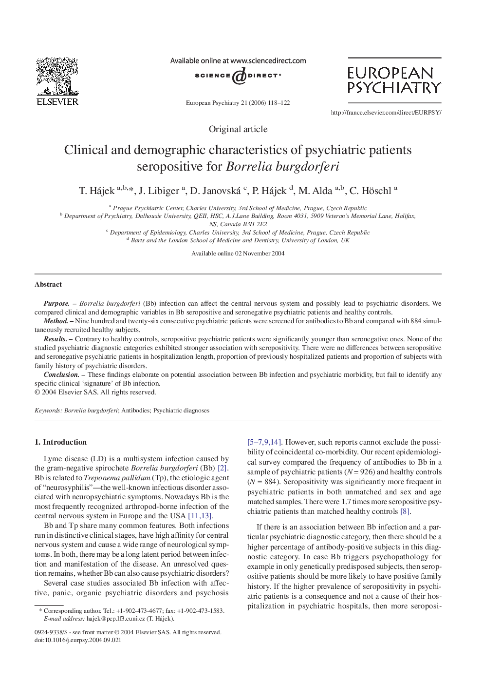 Clinical and demographic characteristics of psychiatric patients seropositive for Borrelia burgdorferi