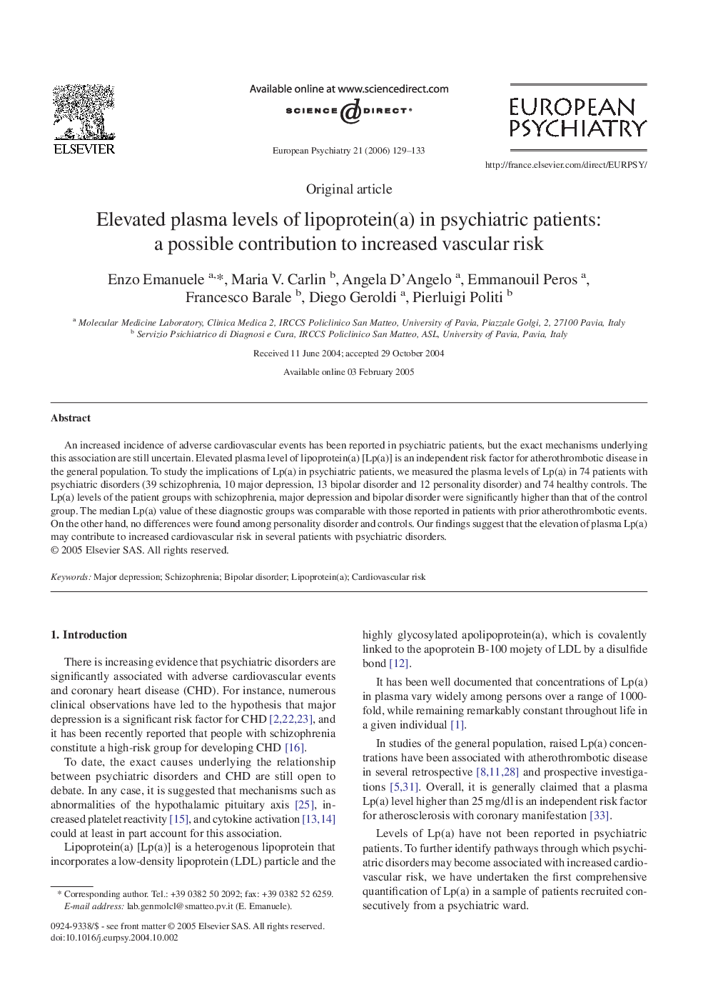 Elevated plasma levels of lipoprotein(a) in psychiatric patients: a possible contribution to increased vascular risk