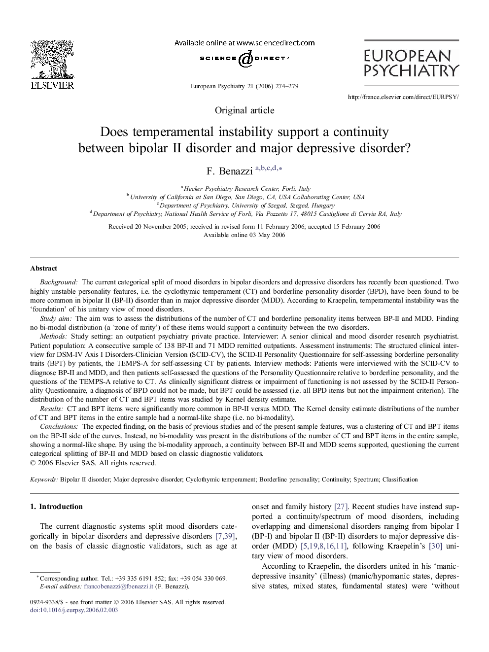 Does temperamental instability support a continuity between bipolar II disorder and major depressive disorder?